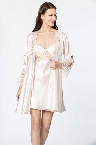 NazikEndam 6-Piece Covered Midi Nightgown Dressing Gown Set 6625 İnci