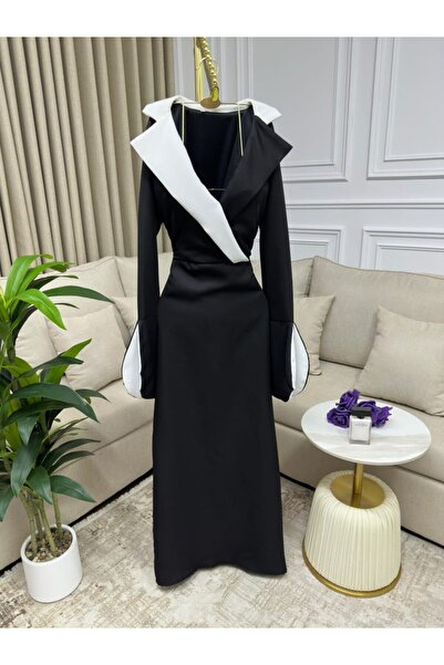 Riva Elegant black evening dress, with a large white collar, and elegant bell sleeves,