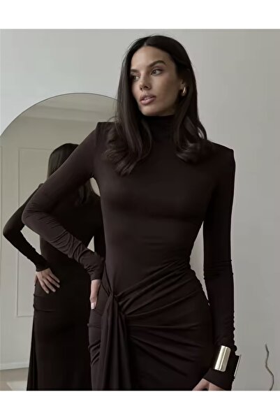 DESİGNEDBYD Balıkçı Yaka Uzun Kollu Maxi Boy Bodycon Dökümlü Elbise