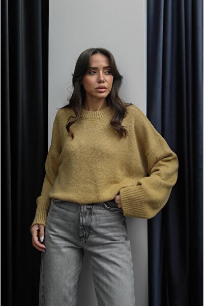 Havoş Hardal Mary Bisiklet Yaka Oversize Triko Kazak