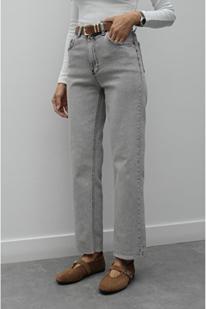 Havoş Light Gray Flared Hem Belted Jeans