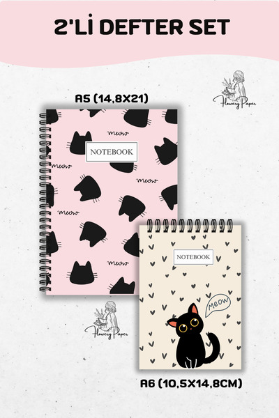 Flowery Paper 2'Li Telli Defter Seti A5 ve A6 , 80 Yaprak 160 Sayfa Notepad, Memopad,Okul Defteri,Konsept Defter