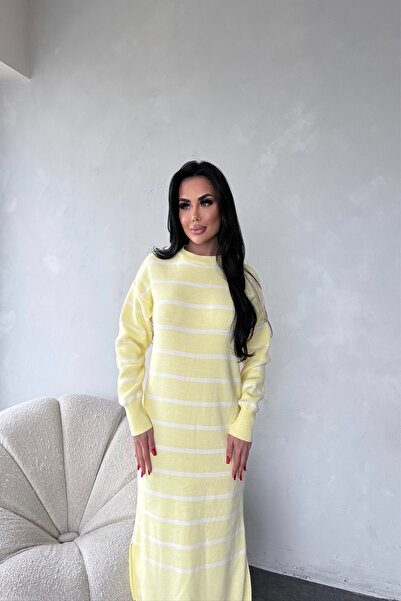 LİLA İSTANBUL Crew Neck Striped Slit Knit Dress