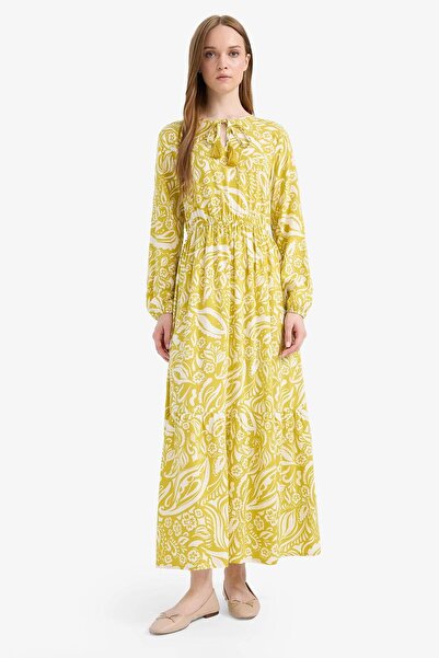 DeFacto Crew Neck Patterned Viscose Long Sleeve Maxi Dress D9636Ax25Sm
