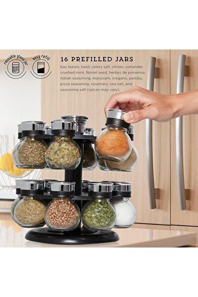 Twinkle Mart 16 Jar Ellington Revolving Countertop Spice Rack with Lift & Pour Caps and Spices