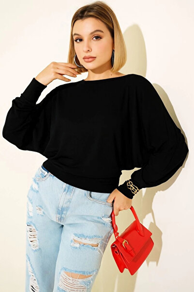 TH COLLECTİON Bat Sleeve Casual Blouse Black T4273 - m
