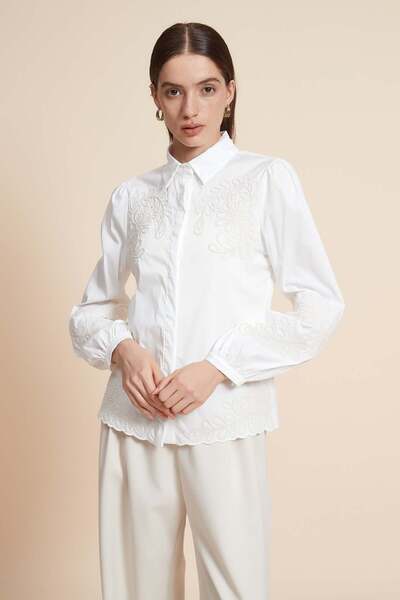 Yola Embroidered Long Sleeve Blouse with Shirt Collar