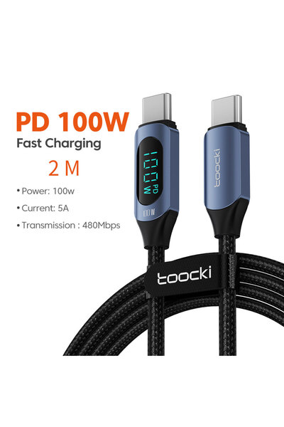 Toocki كابل USB-C أزرق بطول 2 متر وشحن سريع PD100W لشاشات العرض الرقمية لأجهز...