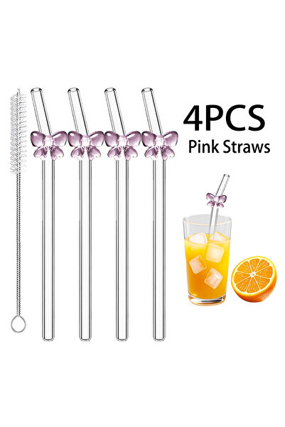 Choice 4PCS Pink Reusable Glossy Colored Bow Glass Straw Sturdy And Durable High Borosilicate Straw For Sm