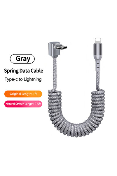 Choice18 1.5m Grey UP C-L 90 Degree Coiled USB-A to USB C Cable Stretchable B...