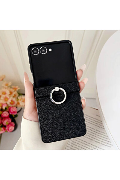 Choice غطاء جلدي أسود من البولي يوريثان بلون سادة بنقشة الليتشي لهاتف Galaxy Z Flip 7 6 5 4 3