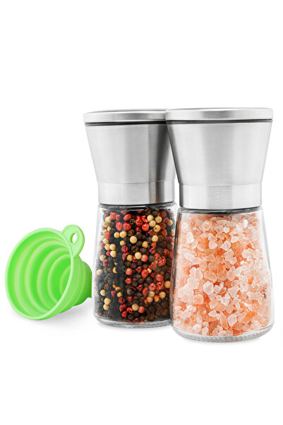 Choice طقم مطحنة ملح وفلفل من الفولاذ المقاوم للصدأ مكون من قطعتين - هزازة زجاجية قصيرة، مطحنة فلفل ومطحنة ملح مع