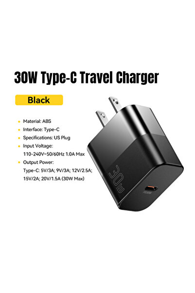 essager شاحن سفر محمول من النوع C بقدرة 30 وات بمقبس أمريكي أسود، مزود بتقنية...