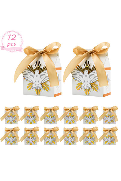 Choice 8x4x11 سم حمامة بيضاء - 12 قطعة من صناديق هدايا المعمودية مع شريط، رائ...