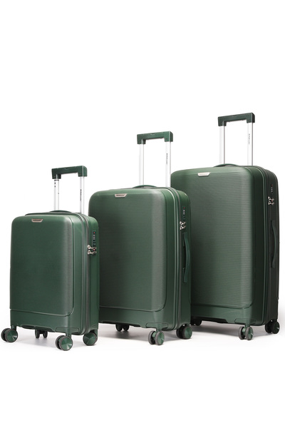 British Traveller 3-Piece Polypropylene Luggage Set | 20”, 24”, 28” Lightweight Suitcases - Dark Green