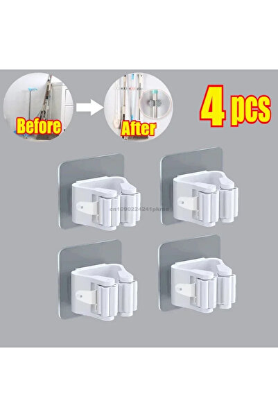 Choice 4pcs-White Self-adhesive Mop Holder Broom Stand Wall Mounted Mop Support Sweeping Brush Hook Storage