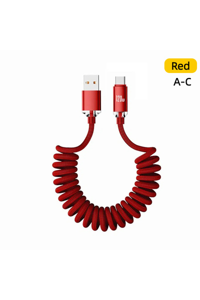 Choice كابل بيانات زنبركي للسيارة بطول متر واحد أحمر، 120 وات، من نوع USB C إ...