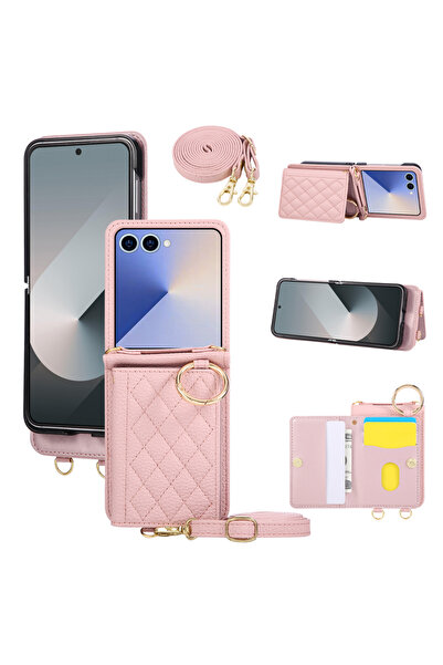 Choice جراب هاتف Galaxy Z Flip5 وردي اللون مع محفظة وحلقة لهاتف Samsung Galax...