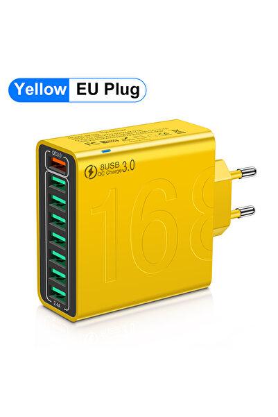 Choice شاحن هاتف USB أصفر اللون بقوة 150 واط و8 منافذ، يدعم الشحن السريع، متو...
