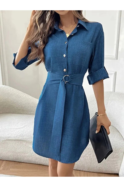 Butik فستان نسائي طويل الأكمام بياقة وأزرار أمامية وحزام خصر من الكتان المستورد