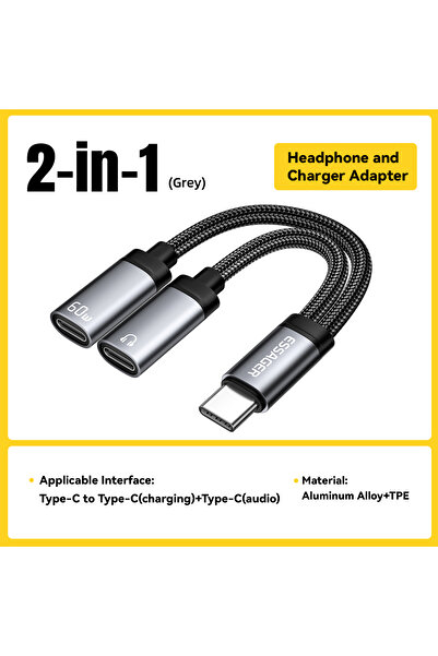essager Double Type C 2 in 1 Type C to 3.5mm AUX Cable Headphone Adapter PD 60W Fast Charging for iP