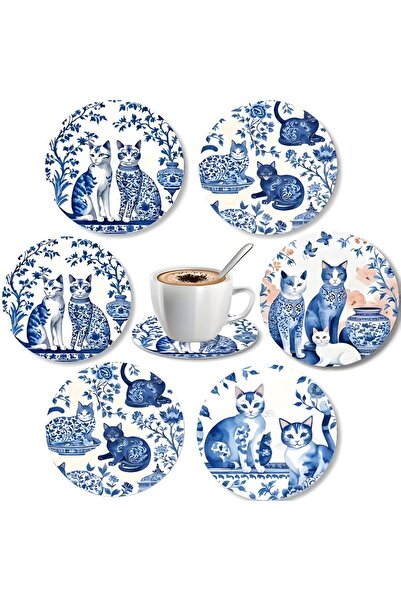 Choice A Coaster Set of 6 - Ceramic Cat Wooden Base with Floral Feline Illustration, Perfect for Coffee Ta.