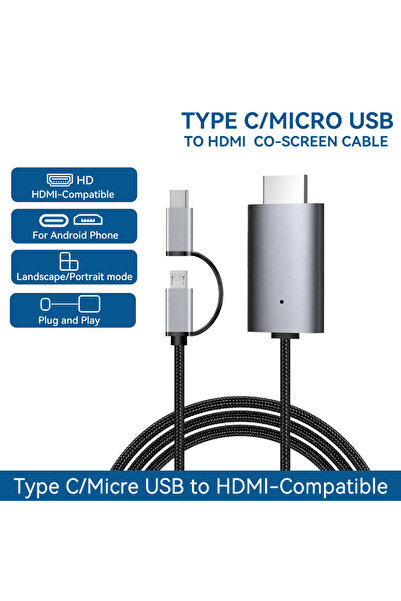 Choice كابل توصيل سلكي LD39 رمادي لعرض البث عالي الدقة من نوع Micro USB Type C إلى HDMI متوافق مع مرآة الكابل