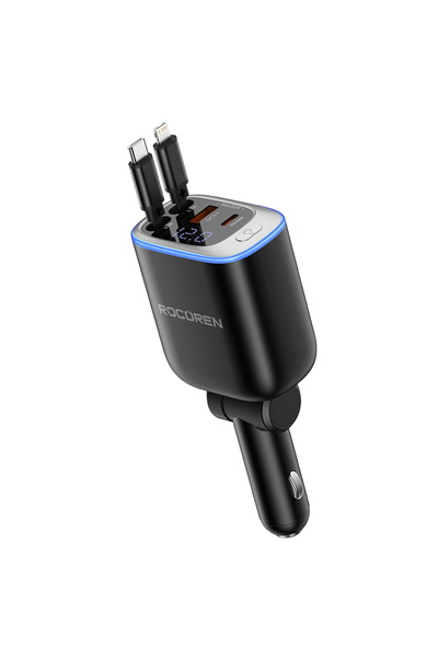 Choice شاحن سيارة قابل للسحب 4 في 1 من Rocoren باللون الأسود للهواتف المحمولة 2C+L+A لهاتف iPhone وكابل شحن سريع لهاتف iPhone