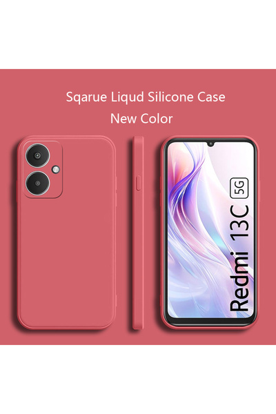 Choice جراب سيليكون مربع أحمر داكن لهاتف Redmi 13C 5G، غطاء غير لامع، جراب نا...