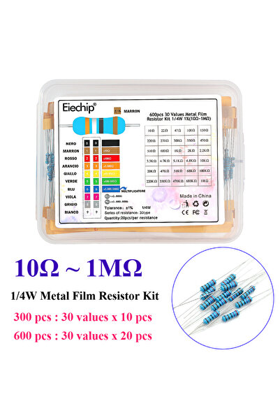 Choice With box - 300PCS 300/600PCS 1/4W Metal Film Resistor kit 1% 30 values 0.25W Resistors Kit 10Ω~1MΩ c