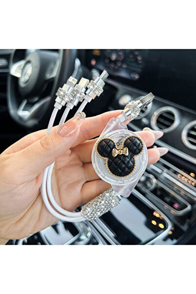 Miniso black Cartoon Mickey Retractable Data USB fast charging3 in 1 Charging Cable for IPhone Android Ph