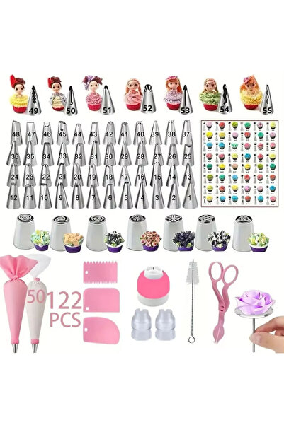 Choice مجموعة تزيين الكيك الوردية من 122 قطعة - 62 طرف تزيين، مكشطة وأدوات لز...