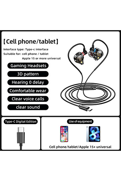 Choice type-C port Gaming Earbuds 9D Surround Sound Type C&3.5mm Wired Earpho...