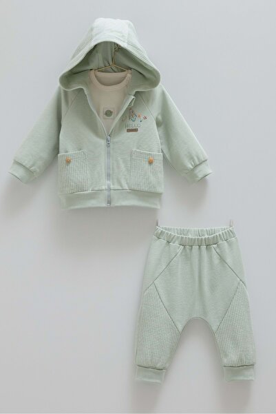 Caramell Color World Hooded Zippered Three-Piece Bottom Top Set Green