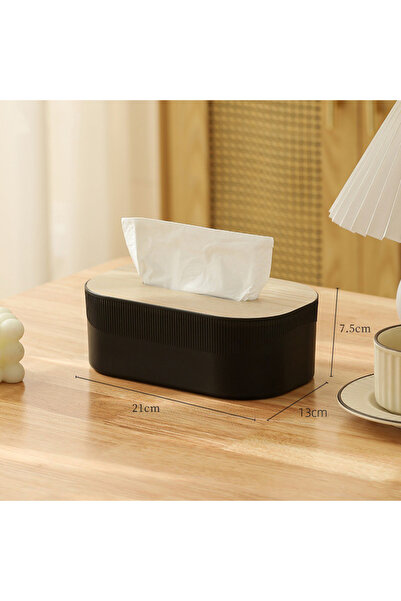 Choice صندوق مناديل بلاستيكي أسود مع غطاء خشبي على طراز البساطة النوردية، صند...