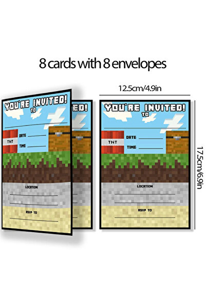 Miniso greeting card 8pcs Pixel Theme Cartoon Birthday Mine Crafter Greeting Card Single-Page Invitation Ca