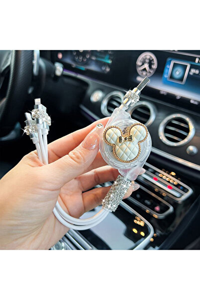 Miniso white Cartoon Mickey Retractable Data USB fast charging3 in 1 Charging Cable for IPhone Android Ph