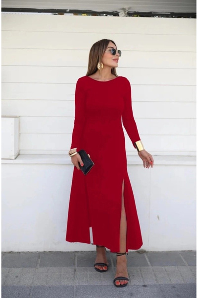 JUST DREAM   فستان نسائي طويل الأكمام خفيف الوزن برقبة قارب وفتحة خلفية منخفض...