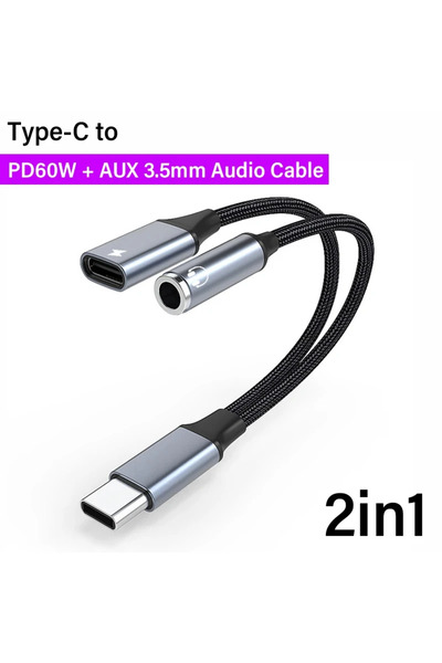 Choice محول كابل USB AUX 2 في 1 من النوع C إلى 3.5 مم PD 60 واط، كابل صوت 2 في 1 لمقبس سماعة الرأس