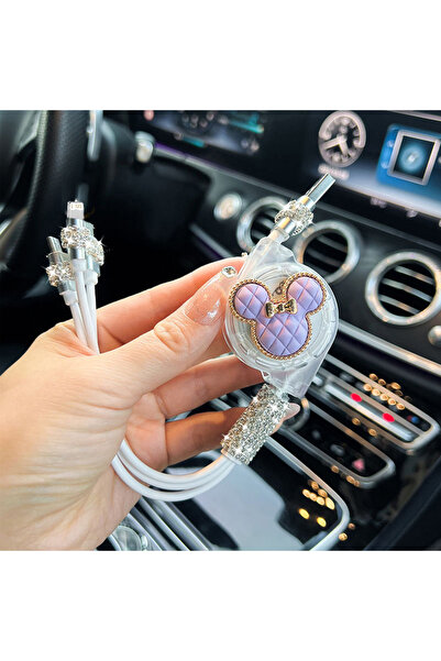 Miniso PURPLE Cartoon Mickey Retractable Data USB fast charging3 in 1 Charging Cable for IPhone Android P