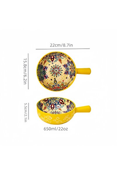 Choice وعاء سلطة بوهيمي أصفر من السيراميك، مطلي يدويًا، منقوش، 6.2، بمقبض، أد...