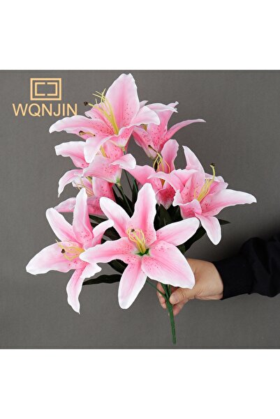 Choice زهور زنبق صناعية من 9 رؤوس باللون الوردي الفاتح، باقة زهور زفاف أوروبية متعددة الألوان