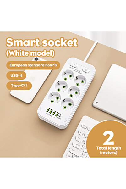 Choice White 2M EU Plug AC Outlets Multitap Socket 2M Extension Cord Electrical Power Strip With USB Type C