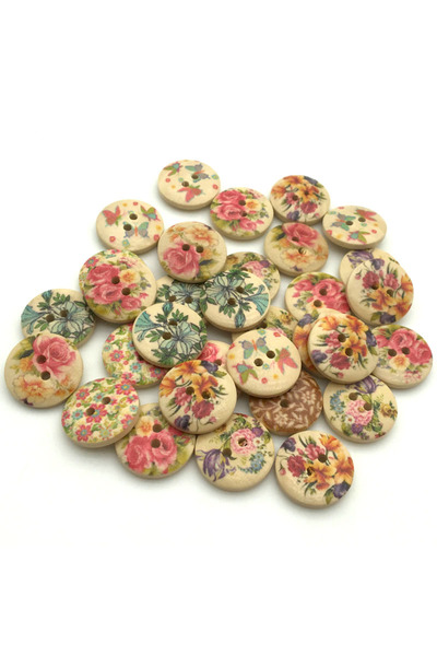 Choice 50PCS 50PCS/Lot 18mm Mixed Flowers Pattern 2-holes Round Wooden Buttons For Sewing Clothing Scrapboo