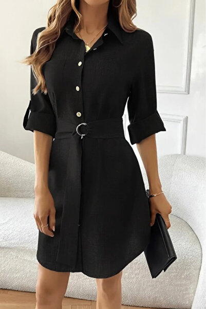 COjans Rochie mini din in importat pentru femei, cu mâneci lungi, cu guler, c...