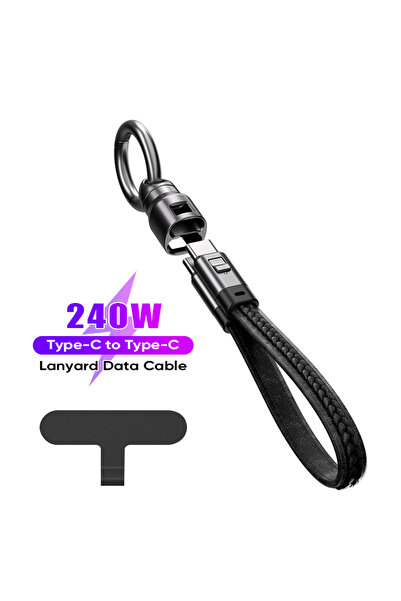 Choice كابل شاحن سريع أسود 240 وات مع سلسلة مفاتيح جلدية وقلادة هاتف محمولة ل...