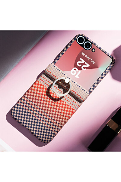 Choice جراب هاتف Galaxy Z Flip7 أحمر مغناطيسي من ألياف الكربون مع حامل حلقي م...