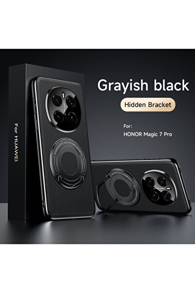 Choice هاتف Honor Magic7 Pro باللون الأسود الفاخر المصنوع من الجلد المطلي بالكهرباء مع حامل مغناطيسي مخفي للدفع والسحب