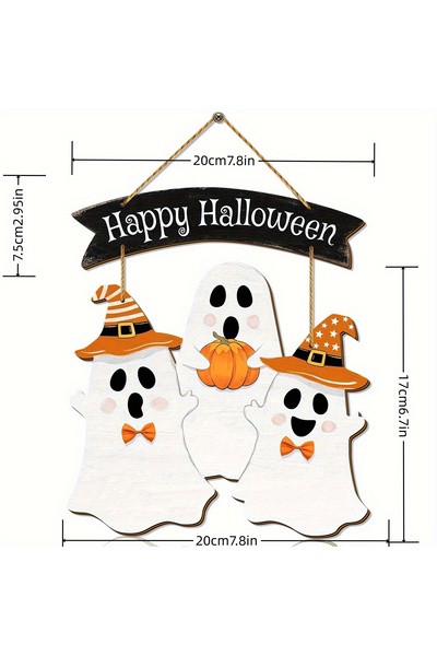 Choice 1pc Halloween Wooden Hanging Sign | Multi-Color Festive Decor with Ghosts in Costumes & Pumpkin Desi