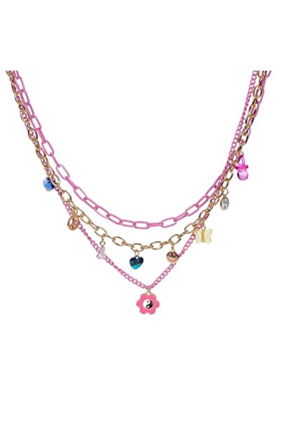 MYONNA IT & E- COMMERCE Colier pentru copii, pandantive triple, roz și auriu, flori și fluturi